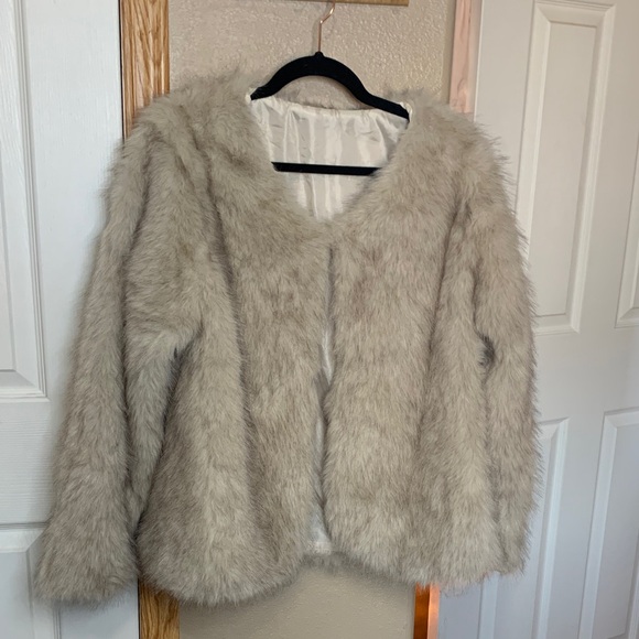 FAUX FUR Cream Jacket Coat Collarless Vintage Look Size Large - Picture 4 of 8